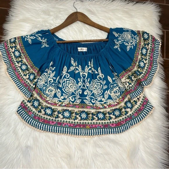 Natural Life SABRINA Cropped Top Shirt Womens Small Blue Floral Boho Beach - Picture 2 of 12